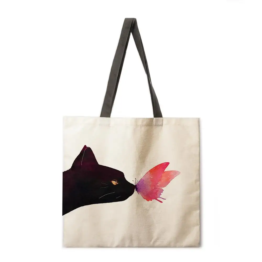 

Ink cat cat tote bag linen fabric bag casual folding shopping bag outdoor beach bag daily handbag