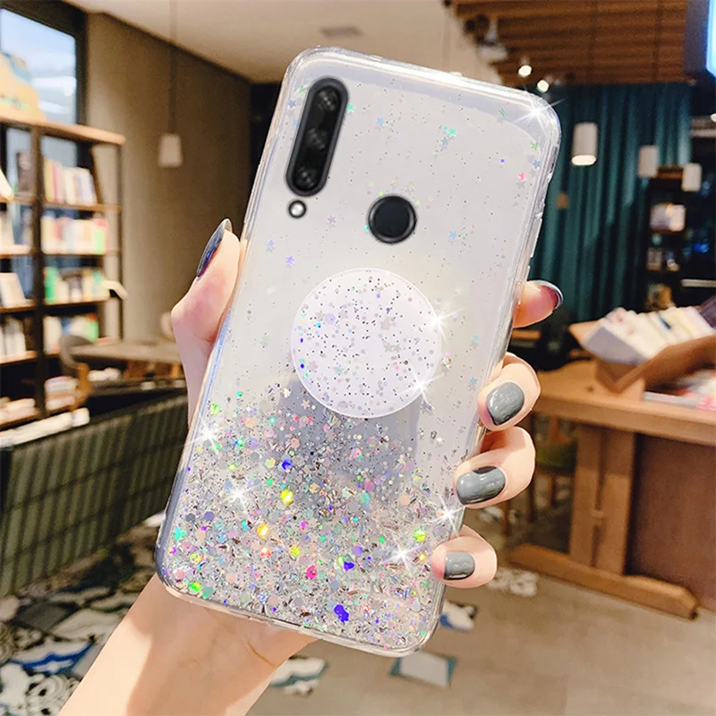 silver foil phone holder case for huawei y6p y5p y7p y8s 2020 y5 y6 y7 y9 prime 2019 2018 glitter soft silicone stand cover free global shipping