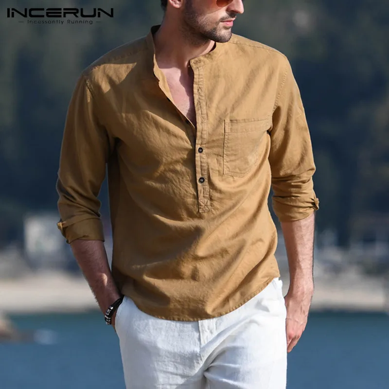 

INCERUN Men Casual Shirt Solid Color Long Sleeve Cotton Blouse Chic Stand Collar Fashion Handsome Tops Streetwear 2021 Camisas