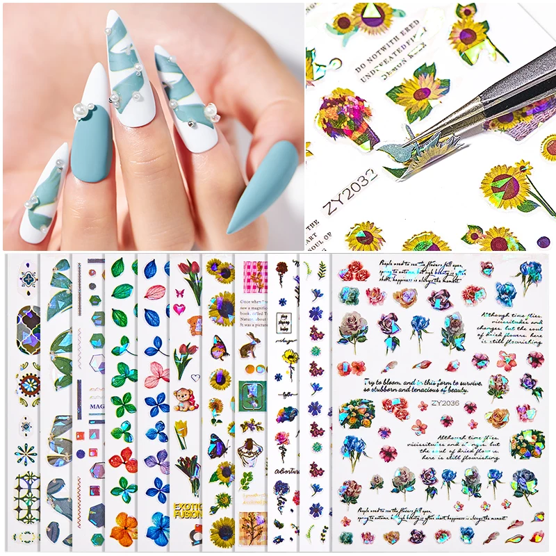 

Laser 3D Nail Stickers Fan Leaf Dried Flower Summer Sliders Nail Art Decorations Lucky Clover Fashion Foil Manicure