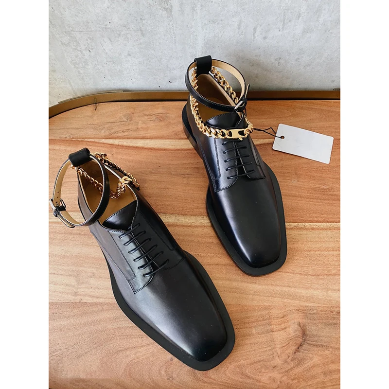 

2020 Autumn New Small Genuine Leather Shoes Female British Style Golden Ring Belt Buckle Lace-up Strap Leather Flat Derby Shoes