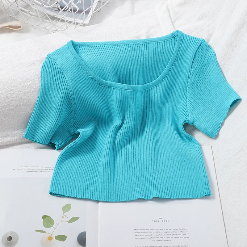 Топ вязаный OUMEA летний с коротким рукавом квадратным вырезом однотонный в