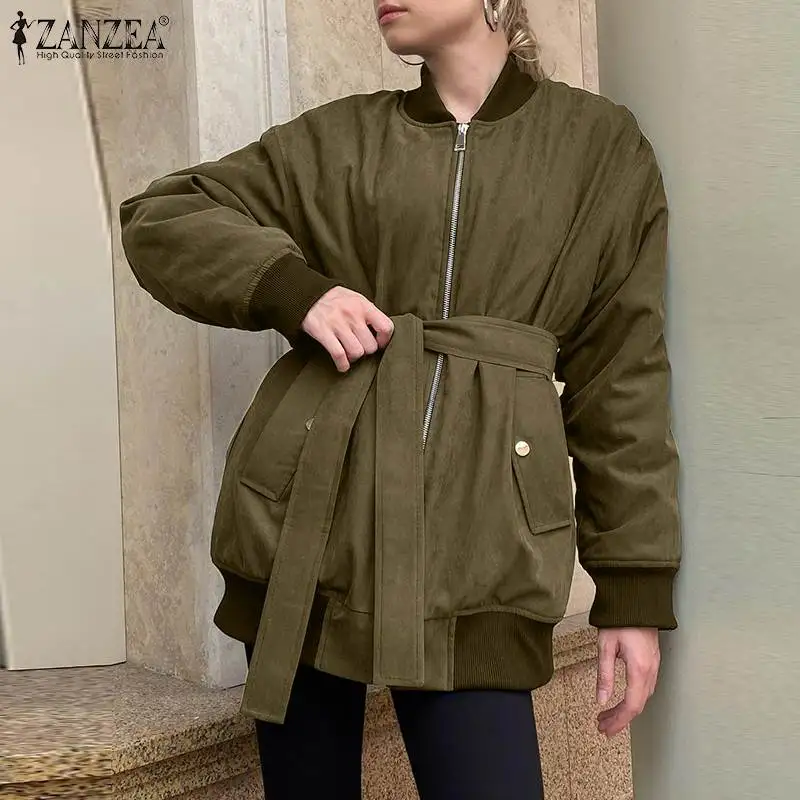 

Fashion ZANZEA Women Coats Jackets 2022 Autumn Winter Long Sleeve Belted Outwears Oversized Casual Solid Zip Up Trench Coats