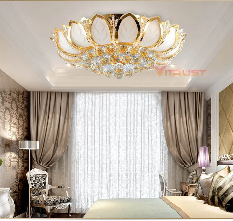 

European Luxury Golden LED crystal Ceiling Light E14 Bulbs Golden Lighting Crystal Circular Living Room Ceiling Lamp