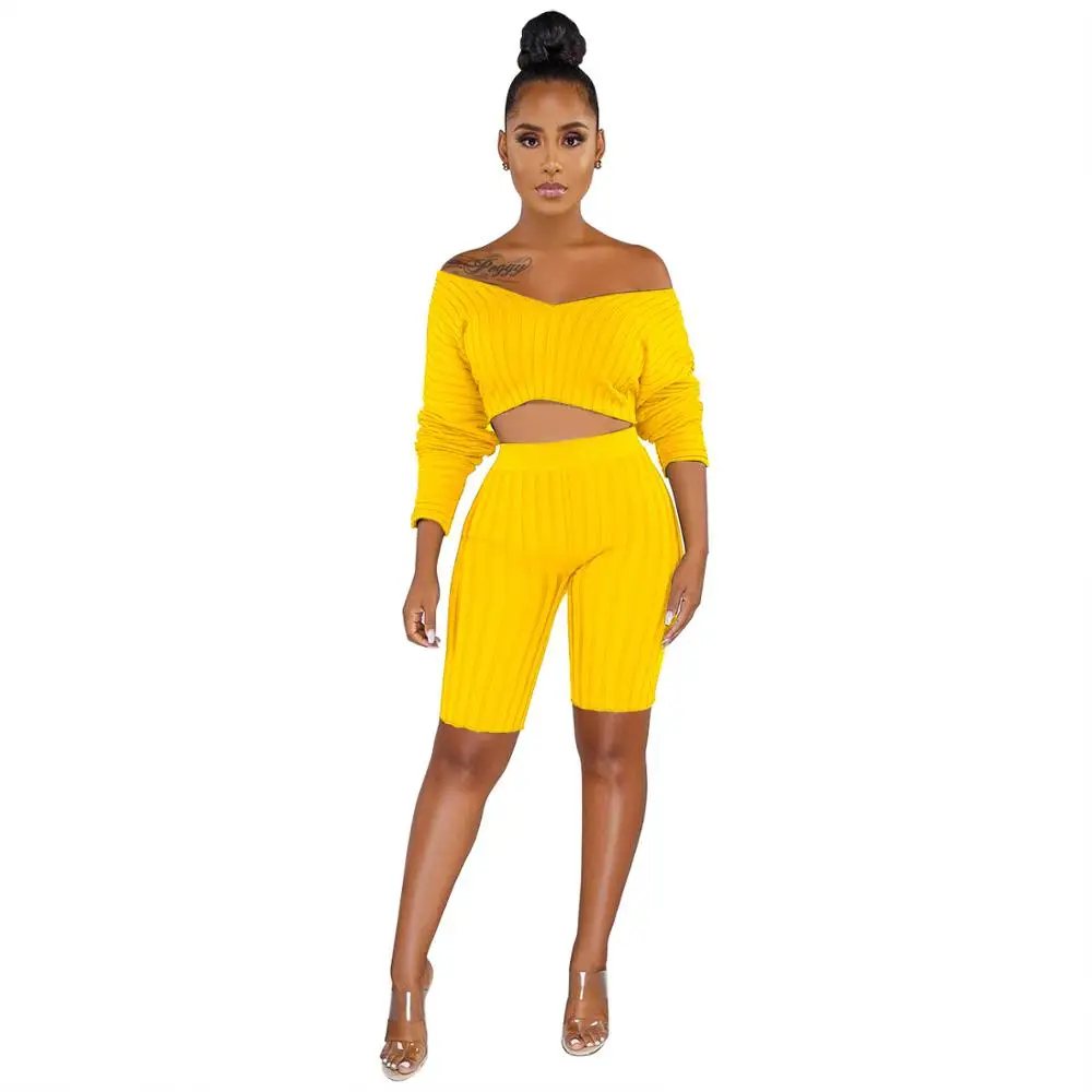 Echoine Women Two peice Sets One-shoulder striped long-sleeved shorts two-piece suit | Женская одежда