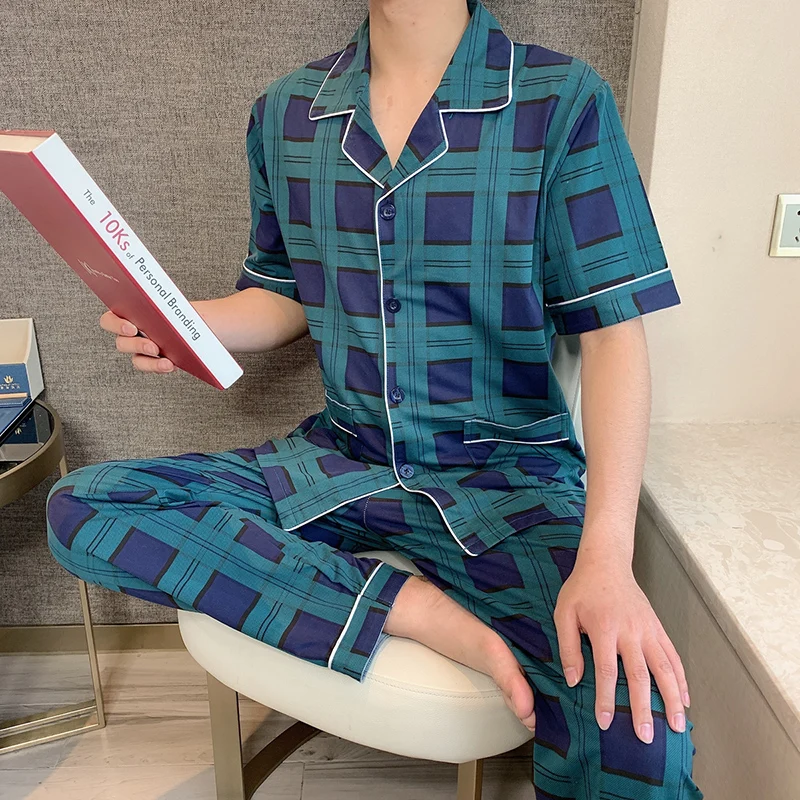 CAIYIER Summer with Short Sleeves Men's Pyjamas Suit Men Leisure Sleepwear Hort Sleeve Long Pants Blue Plaid Pijama 3XL Homewear
