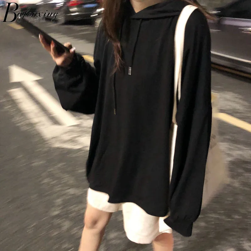 

Harajuku Korean Student Loose Tops Female Casual Loose Sweatshirt Spring Long Sleeve Hoodie Girls Black White Hoodie Streetwear