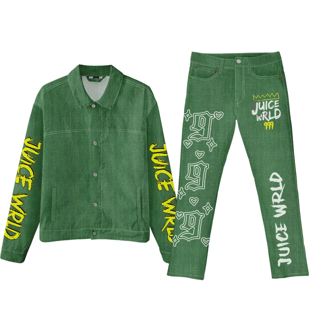 

Juice WRLD Peripheral 3D Digital Printing Men and Women Straight Jeans Trousers + Denim Lapel Jacket Suit Cosplay Dress Up