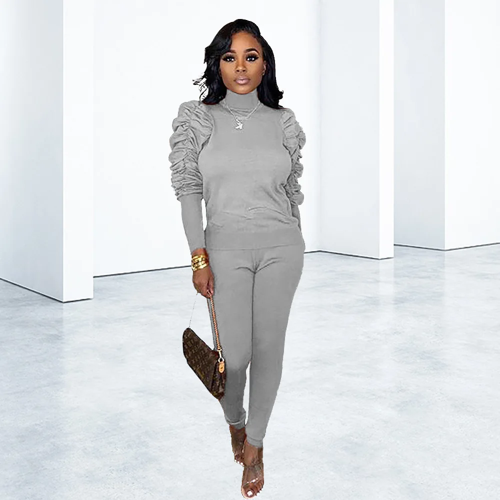 light gray suit Adogirl, Однотонный женский модный повседневный комплект из двух предметов, водолазка, пуловер с длинным рукавом, топ, брюки-карандаш, спортивный костюм, женская одежда - Цвет: light gray suit