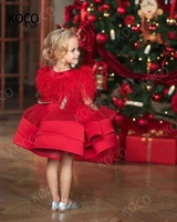 jonany red mini satin flower girl dress feathers zipper baby girls birthday party gowns puffy christmas princess dresses