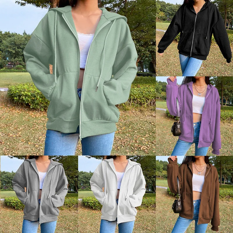 

2021 New Spring Autumn Solid Women Zipper Outfit Hooded Pocket Long Sleeve Tops Workout Casual Running Outfit Sportswear