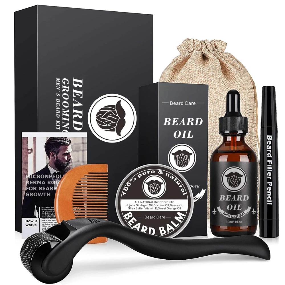 

Beard Growth Kit Facial Hair Beard Rapid Growth Thickening Nourishes Moisturizes Beard Oil Balm Roller Comb Beard Pen 6Pcs/set