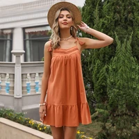 women summer dress adjustable spaghetti strap v neck patchwork lace tassel casual ladies orange dress vestidos