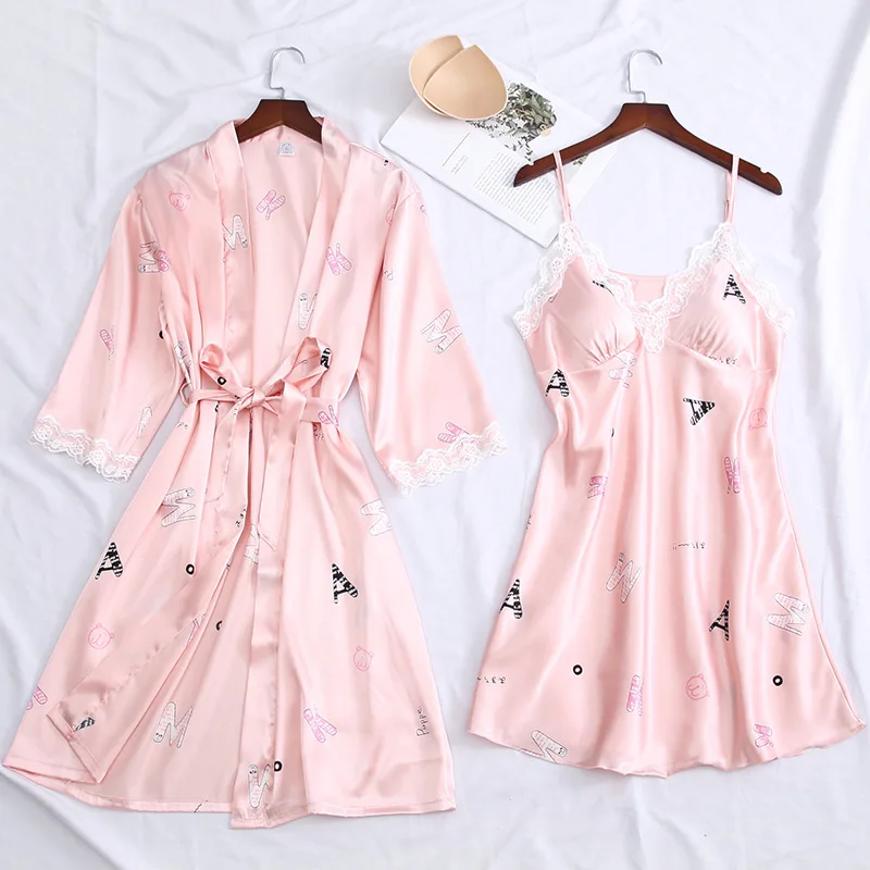 Розовая атласная пижама Женский комплект из 2 предметов халат свадебная рубашка