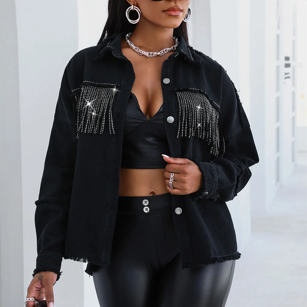 

Fringed Denim jacket Women's 2021 Fall Fashion Trend Design Shirt Solid Color Single-breasted Lapel Sleeves