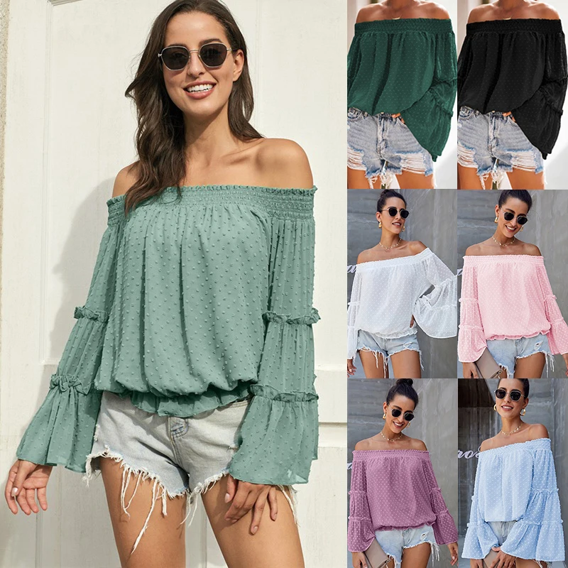 Женская шифоновая блузка в горошек с открытыми плечами