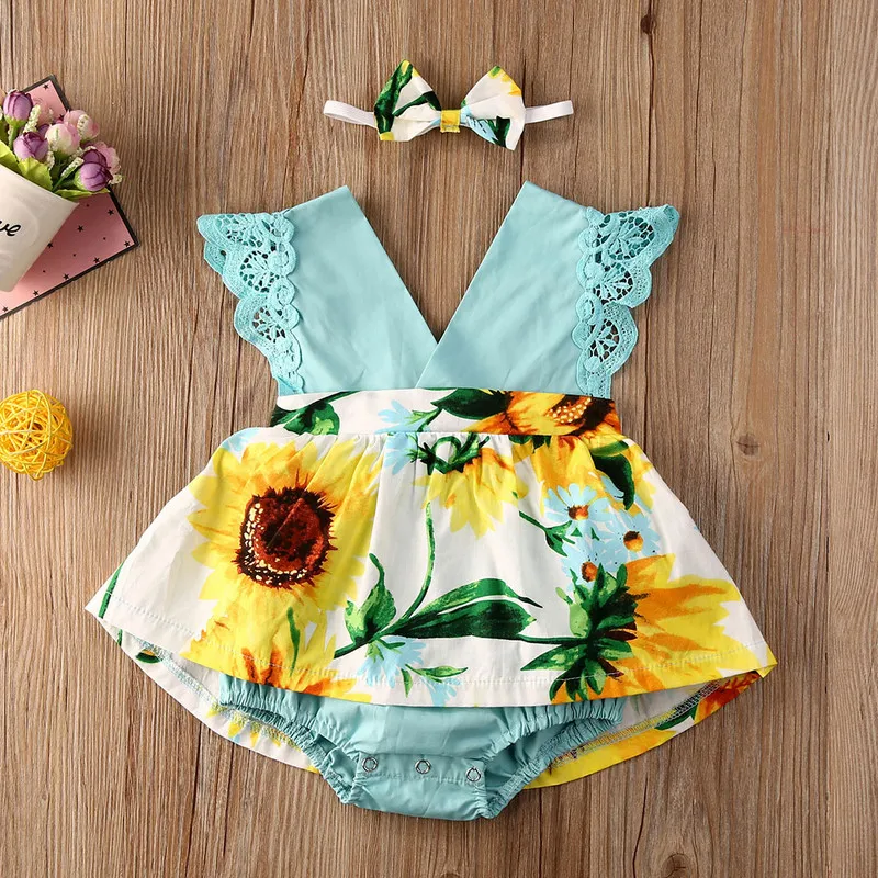 Боди для новорожденных девочек с кружевными рукавами и цветочным принтом