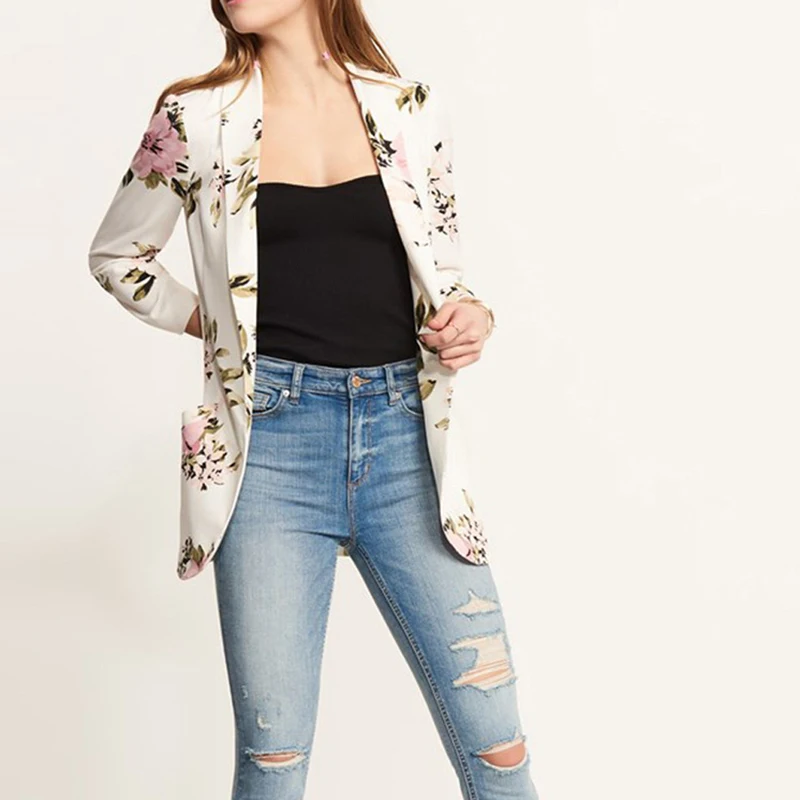 

Women's Spring Autumn Wear Blazers Floral Printing Pocket Blazers Long Sleeve Turn Down Collar Open Clothing