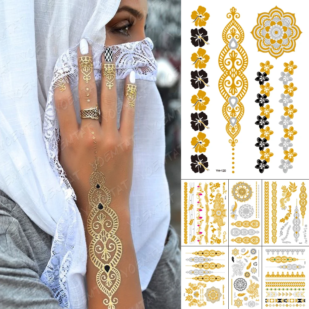 

Waterproof Temporary Tattoo Sticker Chain Bracelet Henna Gold Silver Metallic Flash Tatoo Boho Party Jewelry Glitter Body Art