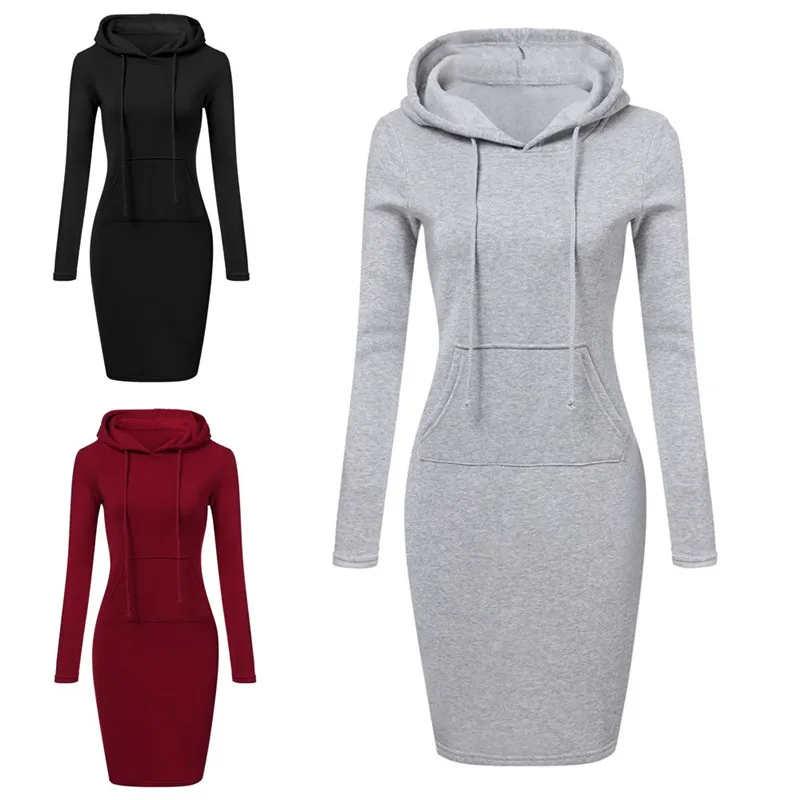 

2020 new autumn fashion hooded draw string long sleeve pullover women's winter hooded sweatshirt dress casual pocket plus size