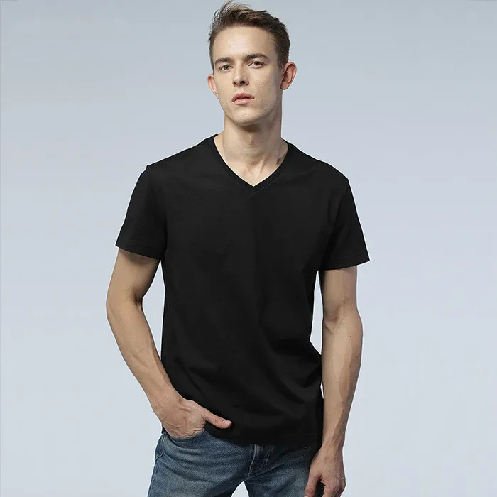Хлопковая Однотонная футболка Мужская с v-образным вырезом и коротким рукавом