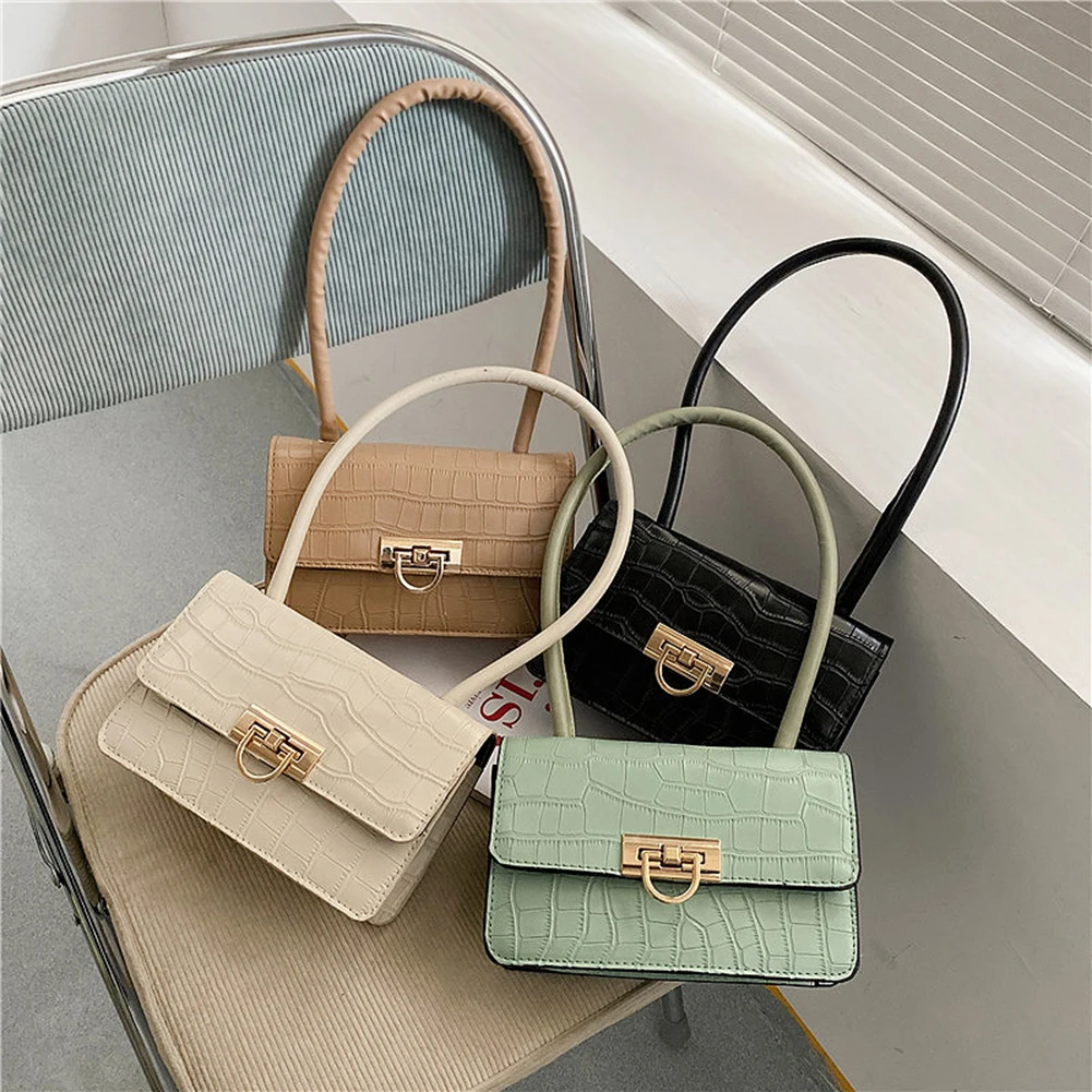 

2021 Retro Women Pure Color Alligator Pattern PU Underarm Bag Top-handle Handbag Female Exquisite Small Subaxillary Bags Clutch