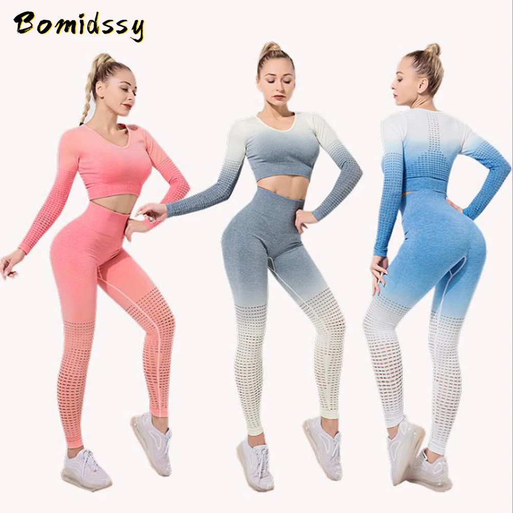 

Gradient Color Sports Fitness Suit Fashion Hollow Long Sleeve Top Women's Gym Workout Wear High Waist Yoga Pants Dance Leggings