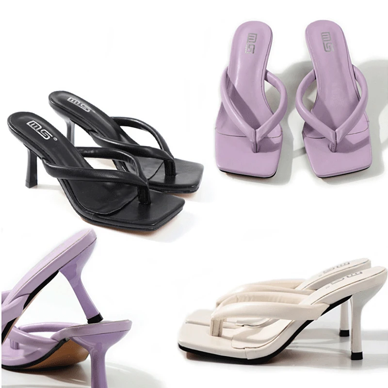 Шлепанцы женские сланцы сандалии на высоком тонком каблуке без застежки