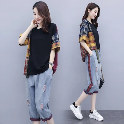 

Casual 2 Piece Set Women Plaid Jean Suit For Women Two Piece Outfits Summer Womens Matching Set Ensemble Femme Survetement