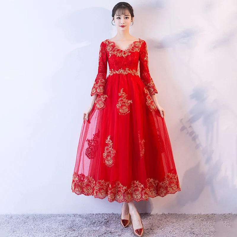 

New V-Neck Evening Dress Three Quarter Sleeves Embroidery Lace Up Ankle-Length A-Line Elegant Plus Size Women Formal Gowns D648