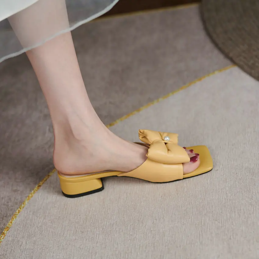 

QUTAA 2021 Bowknot Open Toe Female Slides Genuine Leather Sweet Sandals Square Heel Slingback Summer Women Shoes Big Size 34-43