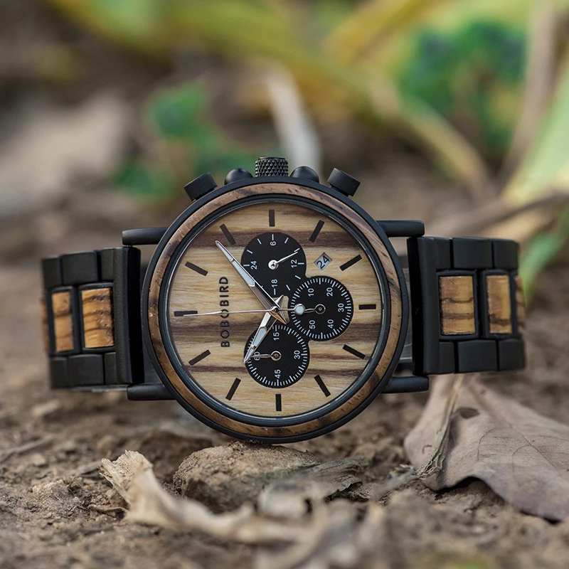 BOBO BIRD деревянные часы для мужчин Секундомер Хронограф relojes hombre Показать дату деревянные кварцевые наручные часы Мужские часы в подарочной коробке