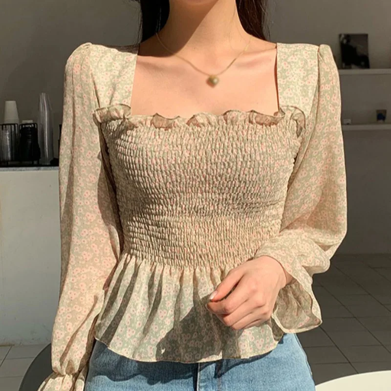 

Sweet Floral Print Blouses Women Spring Square Collar Long Sleeve Chiffon Blouse Lady Casual Shirt Tops