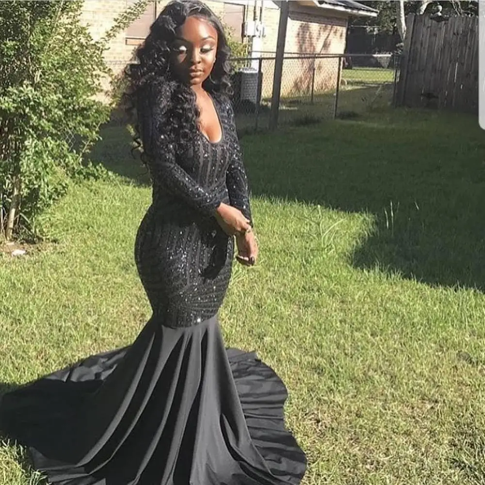 

Сексуальные черные платья русалки с глубоким V-образным вырезом для выпускного вечера 2020 женское арабское вечернее платье с длинным рукаво...
