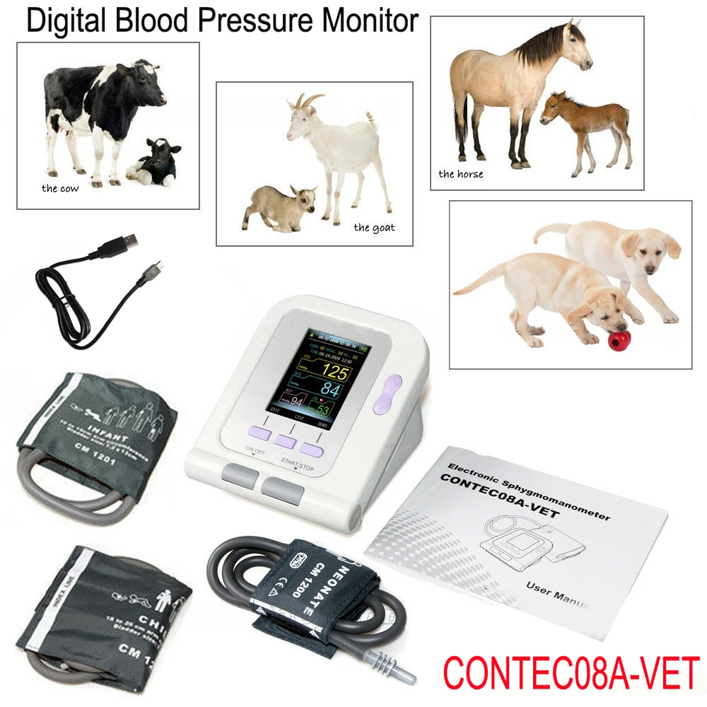 US Stock 08A-VET Veterinary Blood Pressure Monitor Electronic Digital Sphygmomanometer HR PR NIBP 6-11cm 10-19CM 18-26CM 3 Cuffs