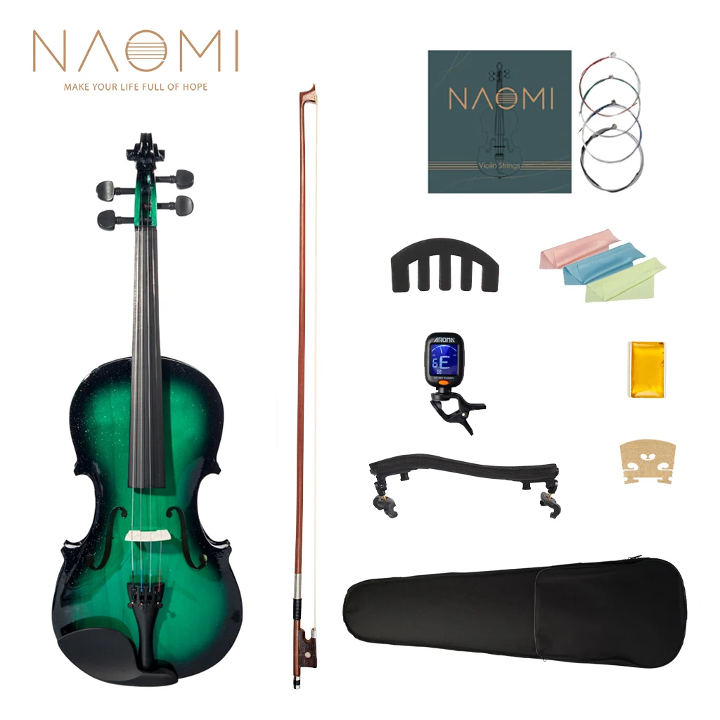 NAOMI 4/4 Violin Set With Violin+Bow+Bridge+String+Rosin+Case Green & Black Gradual Color Beginner Level | Спорт и развлечения