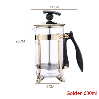 Golden 600ml 350/600 мл французский пресс es горшок стеклянные кофейники полые кофейники французский фильтр пресс ручной кофейник кофе чайник пресс плунжер - Цвет: Golden 600ml