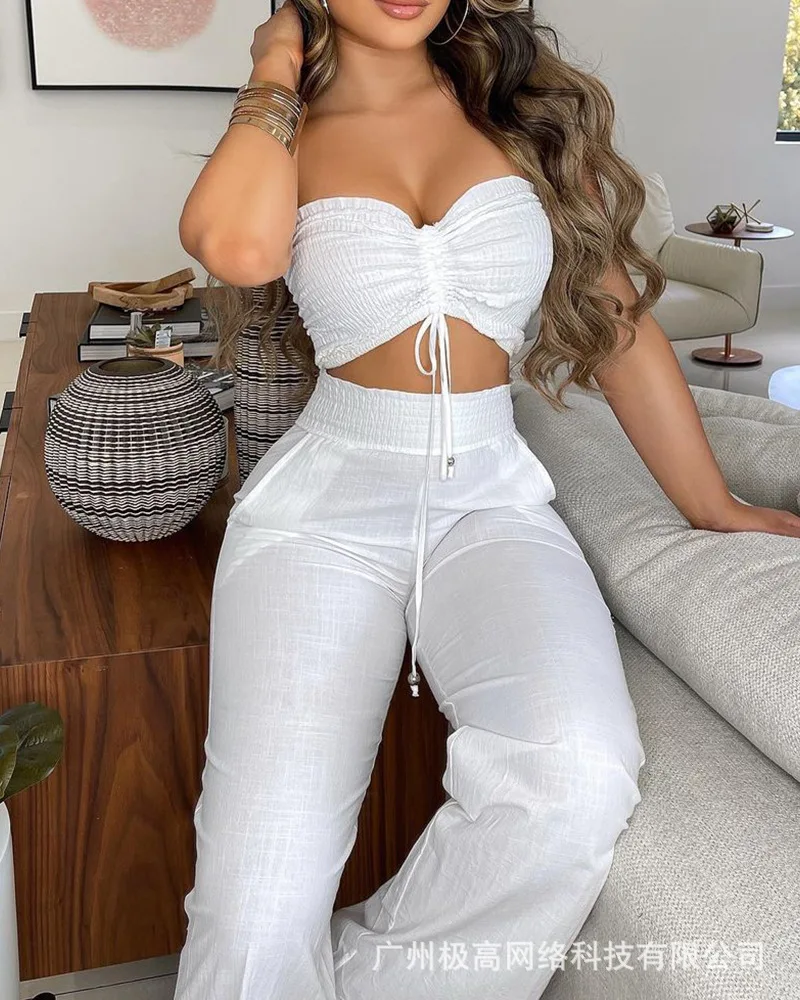 

2021 summer women's casual two-piece suit sleeveless drawstring tube top and pleated high-waist trousers suit JG0759