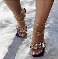 sandals women 2021luxury brand fashion high heel big size square toe rhinestone chain strap femme shoes sandalias de las mujeres