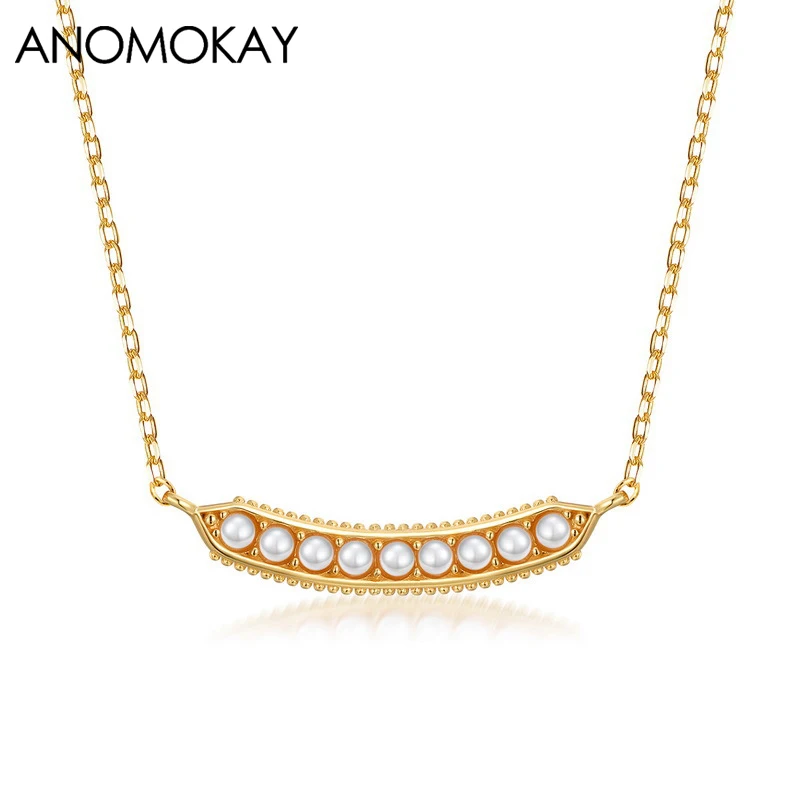 

Anomokay Classic Trendy Pea Pods Pearl Gold Color Chain & Link Necklace 100% Sterling 925 Silver Plant Necklace Fine Jewelry