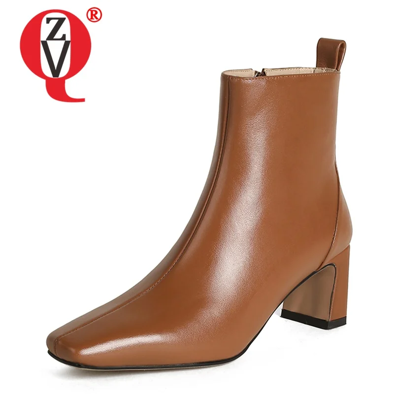 

ZVQ Women winter New Style Leisure short boots small Square Toe Solid color Concise Comfortable Genuine Leather Pumps Heels