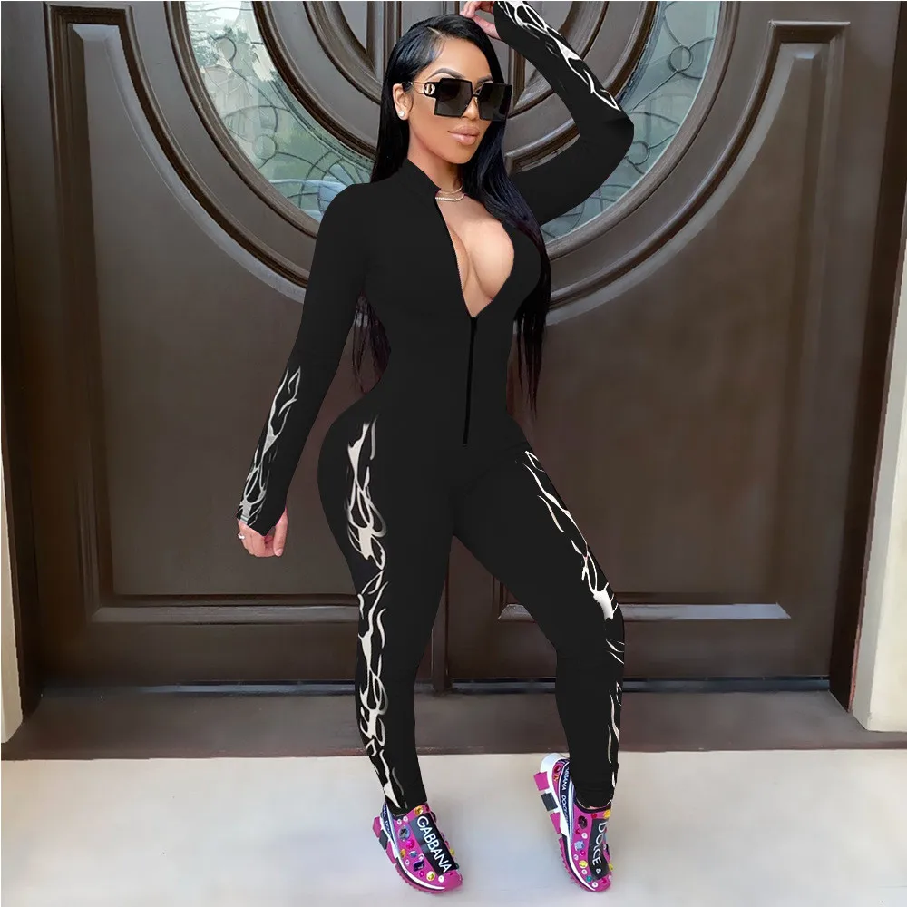 

Tmustobe Jumpsuits For Women 2020 Streetwear Sexyr V-neck Zipper Long Sleeve Skinny Jumpsuit Rompers Club Party Casual female