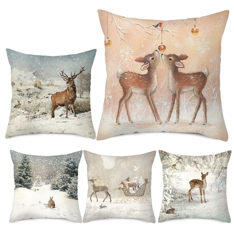 

Peach Skin Merry Christmas Pillow Case Xmas Deer In Snow Forest Picture Cushion Cover for Home Sofa Decor Short Plush Pillow