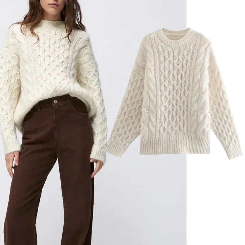 

Xypskh Za Women Autumn New Fashion White Loose Cable-knit Sweater Vintage O-Neck Long Sleeve Female Pullovers Chic Tops