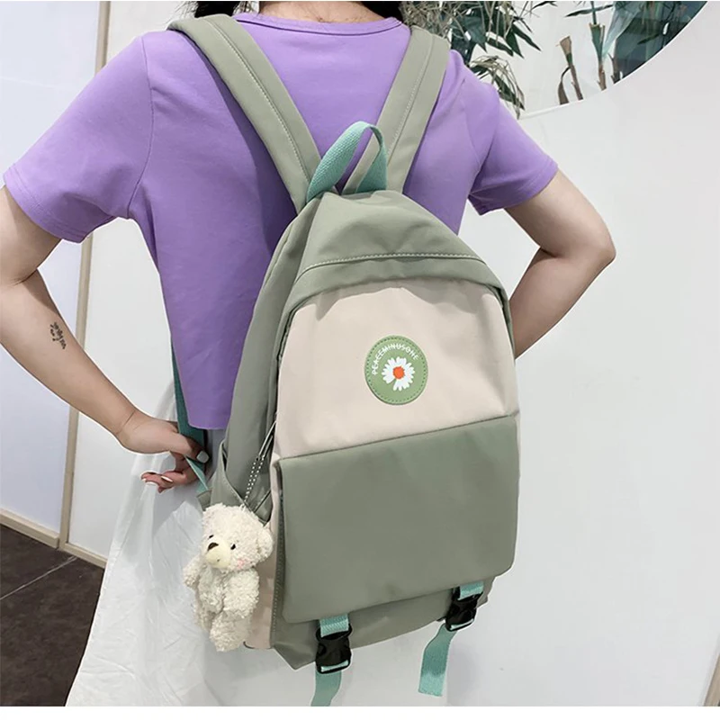 Школьные ранцы для девочек-подростков, милый нейлоновый рюкзак с маргаритками, женская зеленая сумка для книг