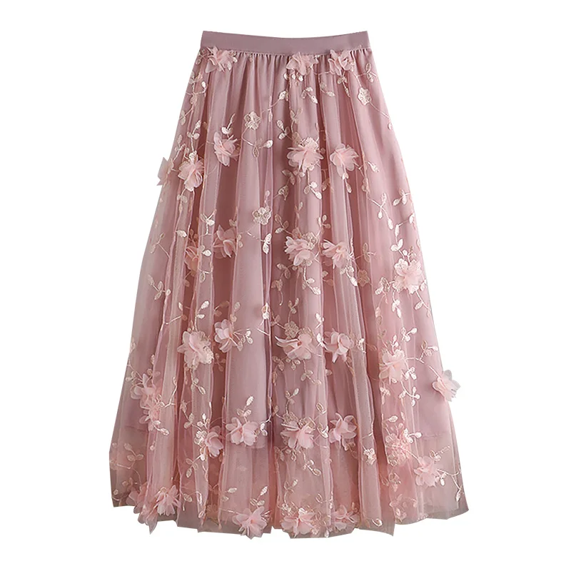 

Smlinan 2021 Summer Embroidery High Waist Tulle Skirt Women Fashion Elegant Floral Mesh Skirts Korean Casual Long Skirt Ladies