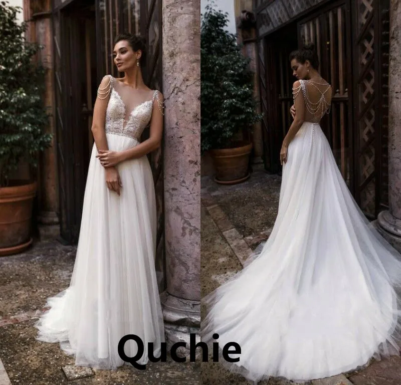 

Пляжное свадебное платье с v-образным вырезом и блестящей аппликацией из тюля с открытой спиной лиф на бретелях-спагетти свадебное платье с...