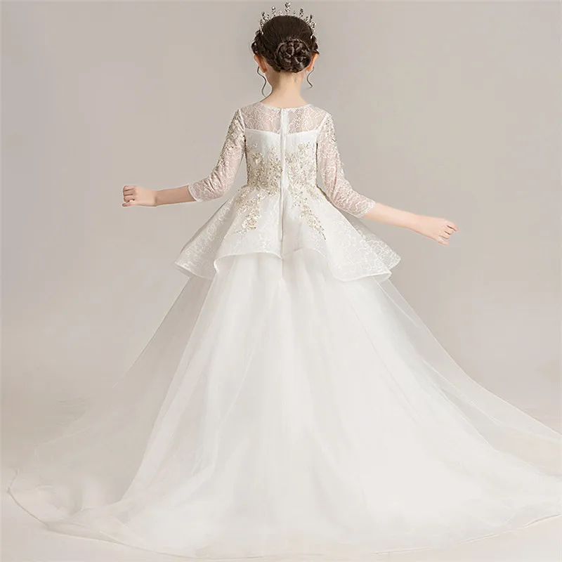 

2020New Girls Children Elegant White Color Wedding Birthday Party Princess Long Tail Dress Kids Teens Piano Host Fluffy Dresses
