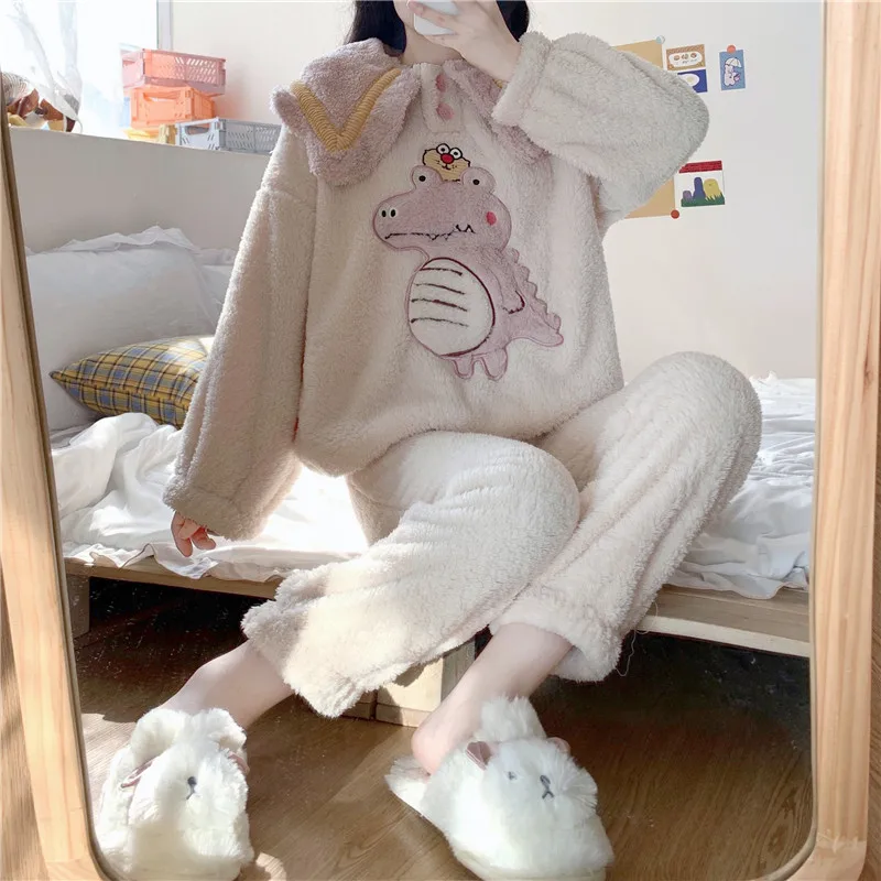 High Waist Trousers Little Dinosaur Col Claudine Top Thickened Fleece Pajamas Suit Can Go out Pajamas Women's Autumn and Winter