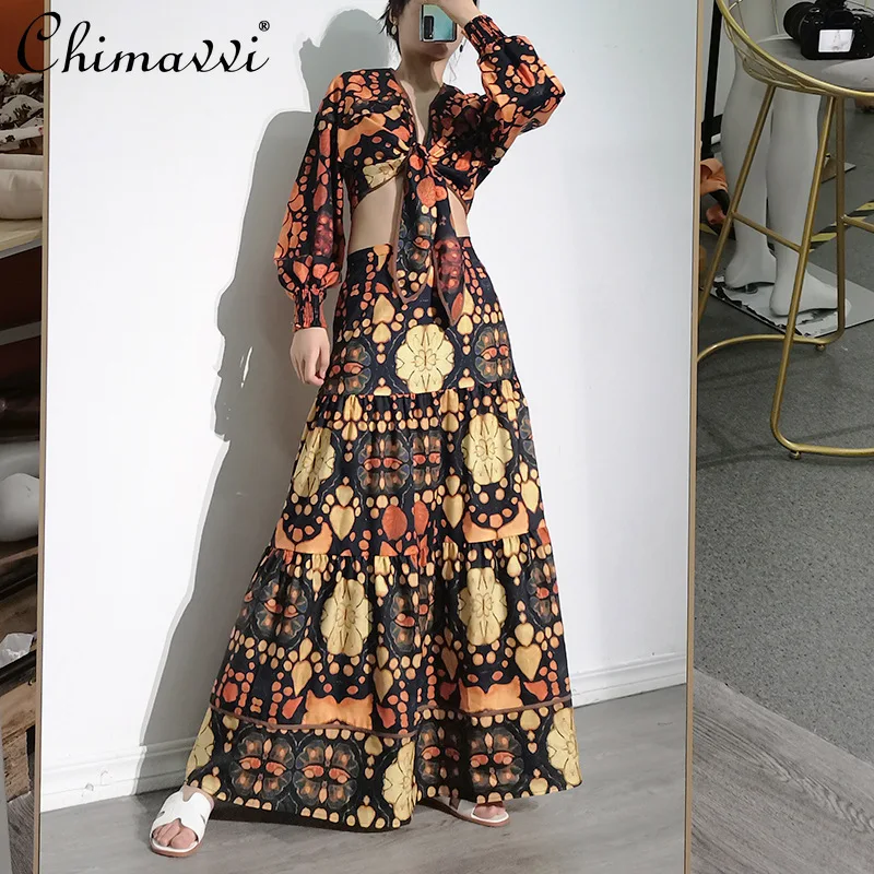 

2021 Summer New Retro Printed Two-Piece Suit V-neck Long Sleeves Top High Waist Slimming A-line Skirt